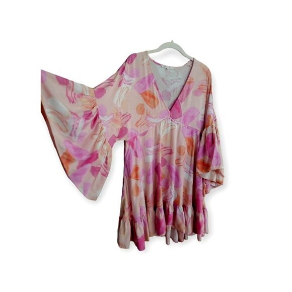 Ruffled Peach Pink Mini Dress V-Neck Bell Sleeves by Label of Love size M - Picture 2 of 8